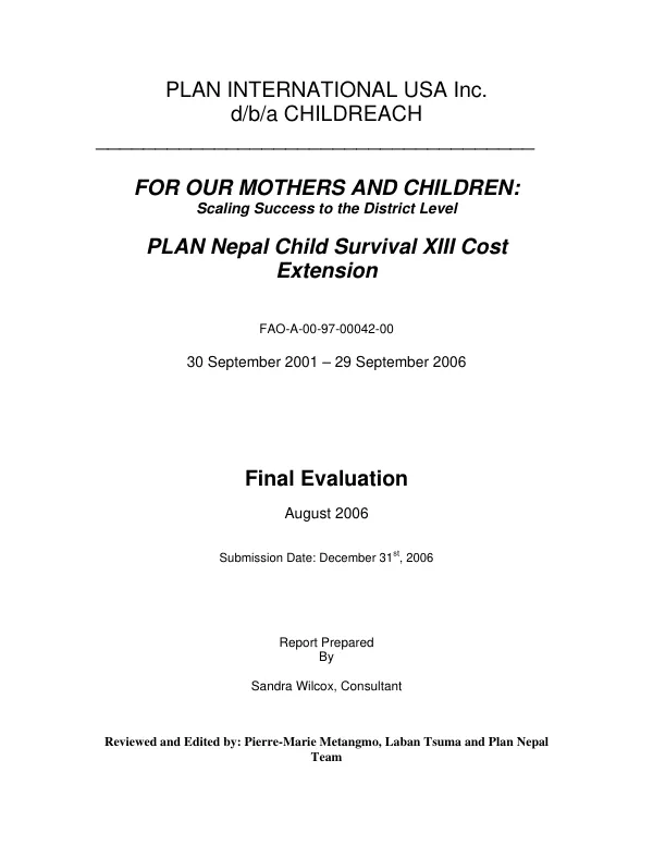 PLAN Nepal child survival XIII cost extension : final evaluation