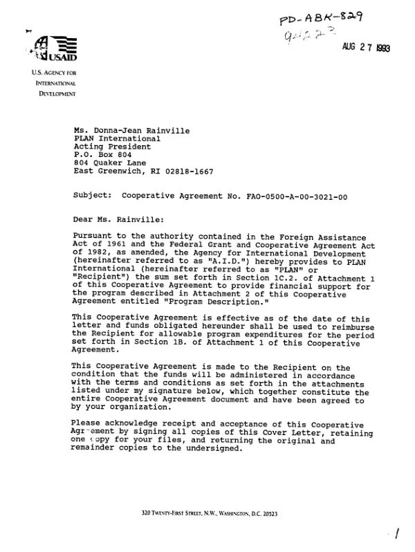 AID cooperative agreement no. FAO-0500-A-00-3021-00 to PLAN International for the recipient"s proposal, `For our mothers and children : working together for effective and sustainable child survival programs`