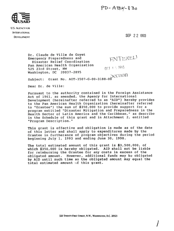 AID grant no. AOT-3507-G-00-3188-00 to the Pan American Health Organization [PAHO] for disaster mitigation and preparedness in the health sector of Latin America and the Caribbean