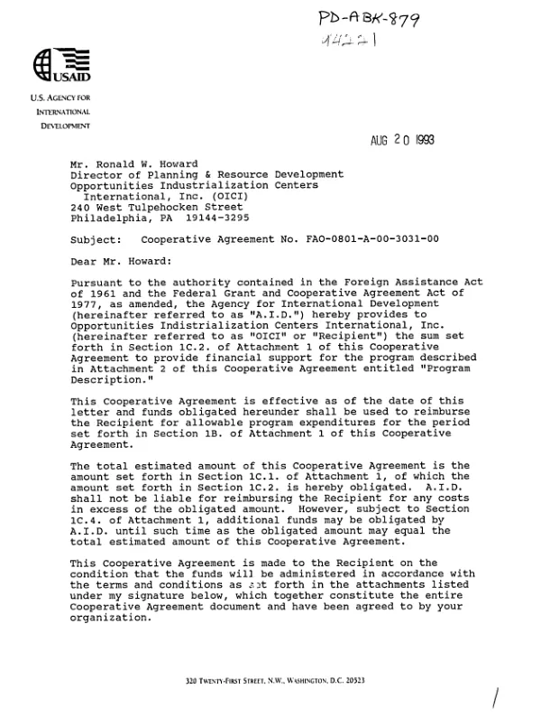 AID cooperative agreement no. FAO-0801-A-00-3031-00 to Opportunities Industrialization Centers (OICI) for a project to strengthen the institutional capability of OICI to manage and expand PL 480, Title II activities