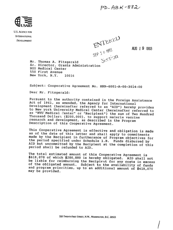 AID cooperative agreement no. HRN-6001-A-00-3014-00 to New York University Medical Center to support malaria vaccine research and development