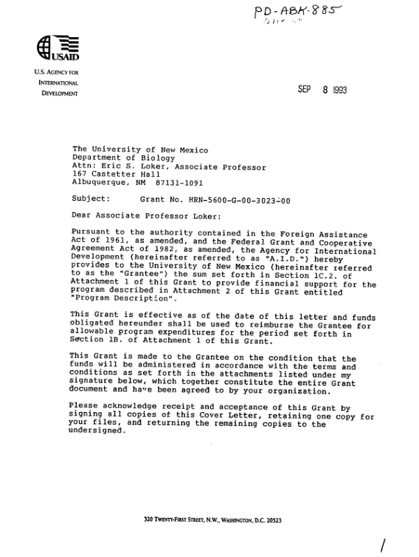 AID grant no. HRN-5600-G-00-3023-00 to the University of New Mexico for the development of safe, sustainable methods of controlling schistosomiasis in Kenya