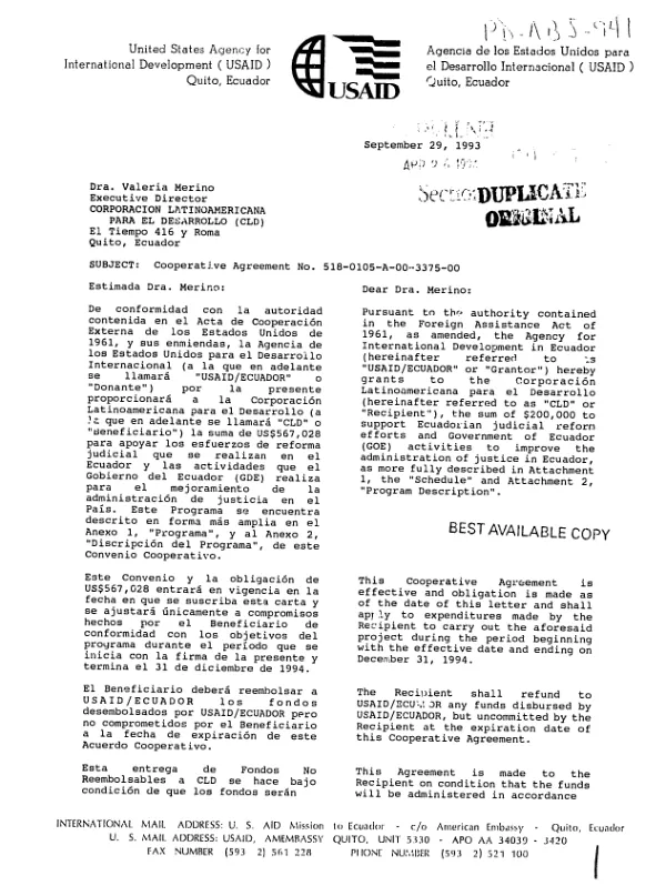 AID cooperative agreement no. 518-0105-A-00-3375-00 with the Corporacion Latinamericana para el Desarrollo (CLD) to assist Ecuador to accelerate its judicial reform process and improve the administration of justice