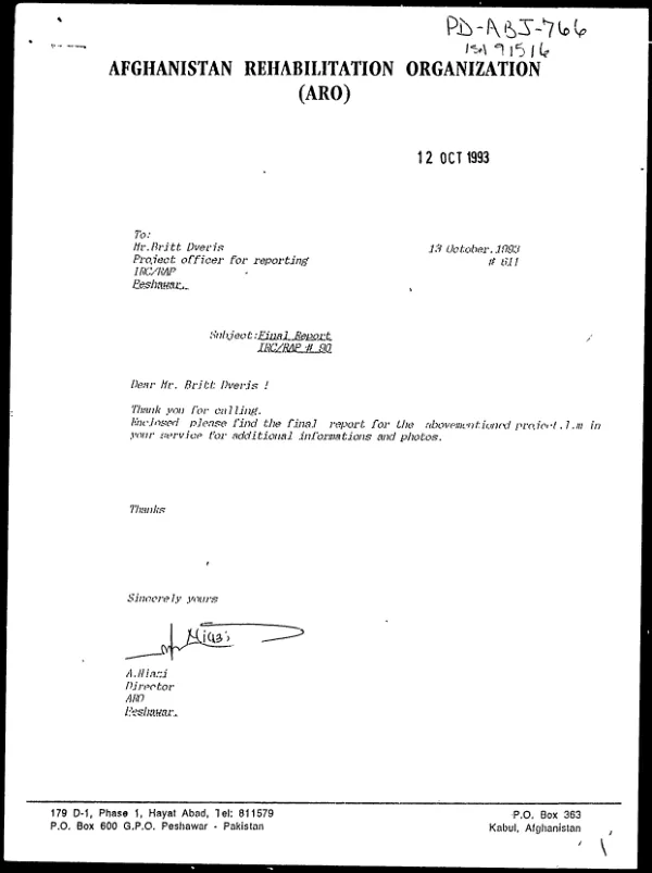 Final narrative report (FNR) : Afghanistan Rehabilitation Organization (ARO) -- canal cleaning -- 1 September 1992-30 July 1993