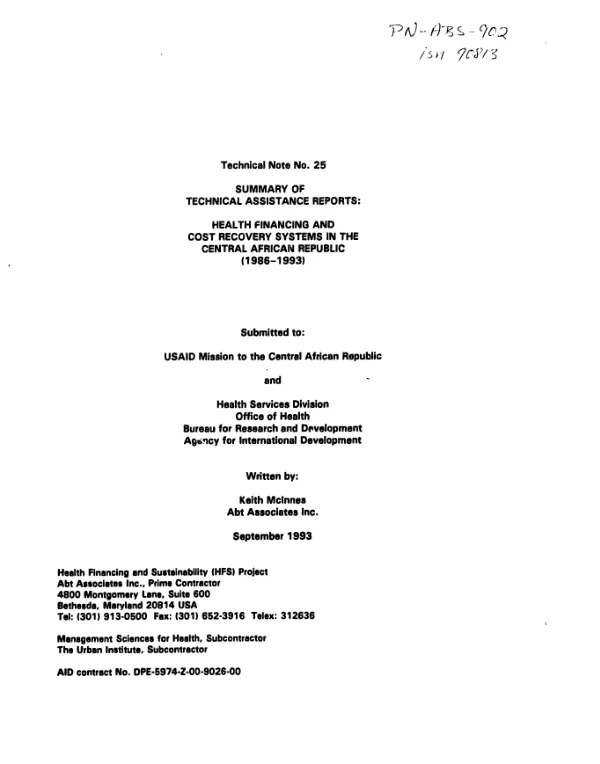 Health financing and cost recovery systems in the Central African Republic (1986-1993) : summary of technical assistance reports