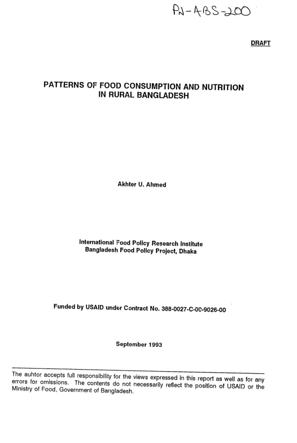 Patterns of food consumption and nutrition in rural Bangladesh