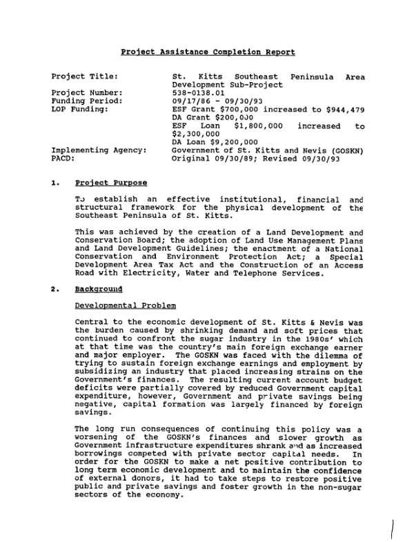 Project assistance completion report : St. Kitts Southeast Peninsula area development sub-project