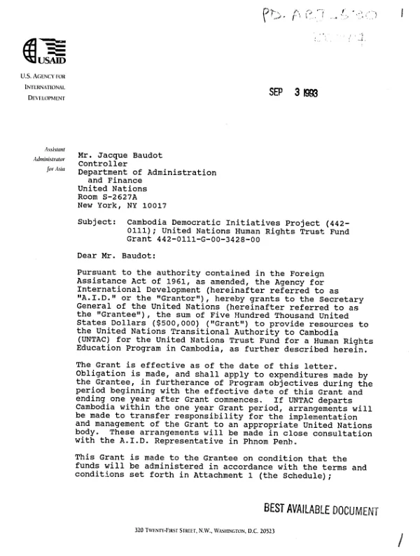 AID grant no. 442-0111-G-00-3428-00 to the United Nations for the United Nations trust fund for a human rights education program in Cambodia (democratic initiatives project)