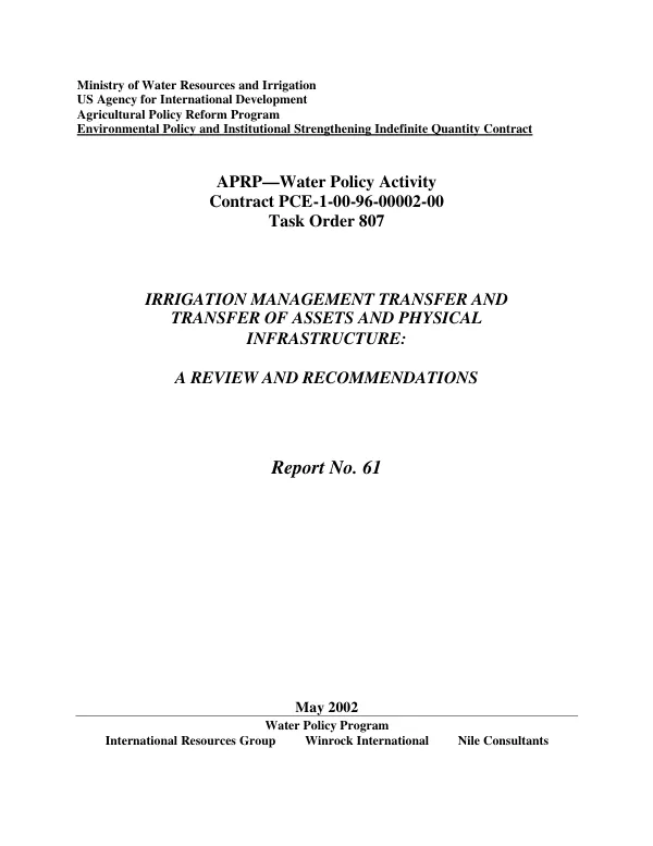 Irrigation management transfer and transfer of assets and physical infrastructure : a review and recommendations