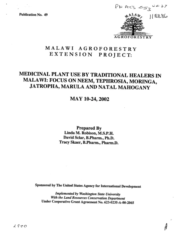 Medicinal plant use by traditional healers in Malawi : focus on neem, tephrosia, moringa, jatropha, marula and natal Mahogany