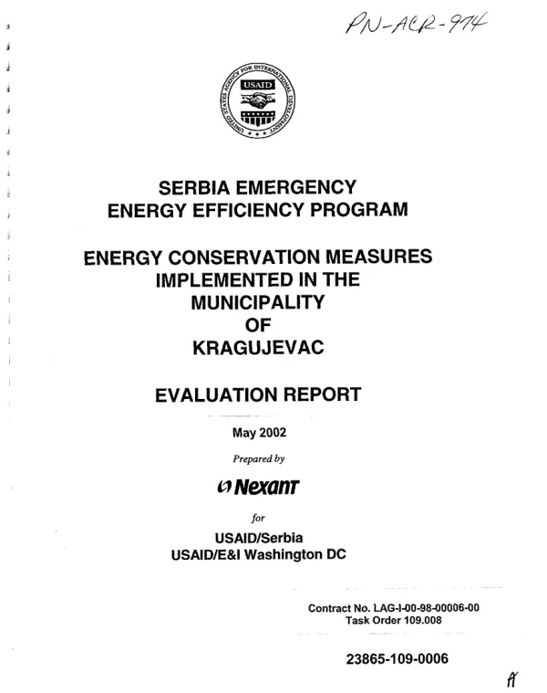 Serbia emergency energy efficiency program : energy conservation measures implemented in the Municipality of Kragujevac -- evaluation report
