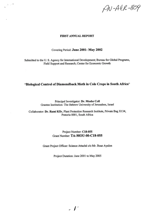 First annual report covering period June 2001-May 2002 : biological control of diamondback moth in cole crops in South Africa