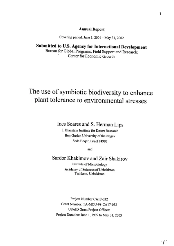 Annual report covering period June 1, 2001-May 31, 2002 : the use of symbiotic biodiversity to enhance plant tolerance to environmental stresses