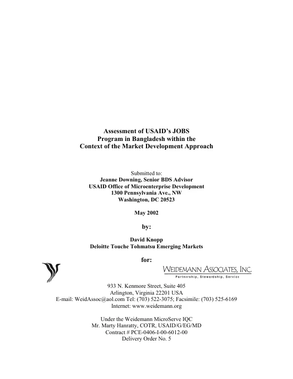 Assessment of USAID"s JOBS [job opportunities and business support] program in Bangladesh within the context of the market development approach