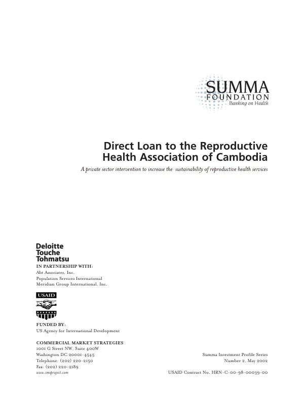 Direct loan to the Reproductive Health Association of Cambodia (RHAC) : a private sector intervention to increase the sustainability of reproductive health services