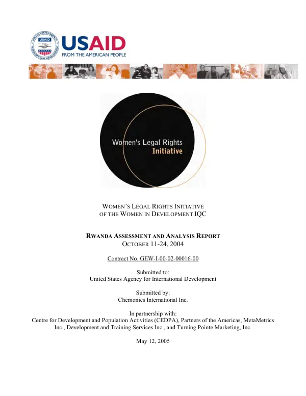 Women's legal rights initiative of the women in development IQC : Rwanda assessment and analysis report -- October 11-24, 2004