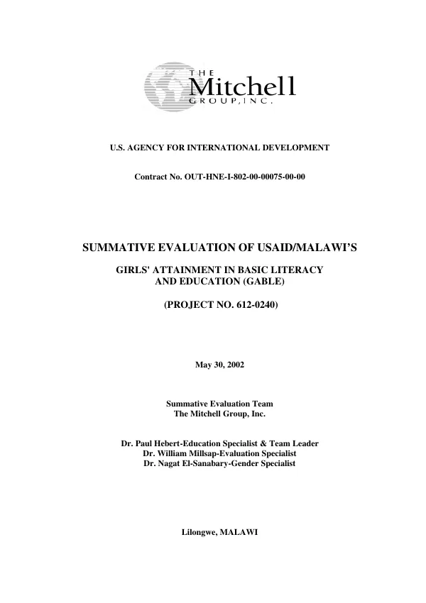 Summative evaluation of USAID/Malawi"s girls" attainment in basic literacy and education (GABLE), (project no. 612-0240)