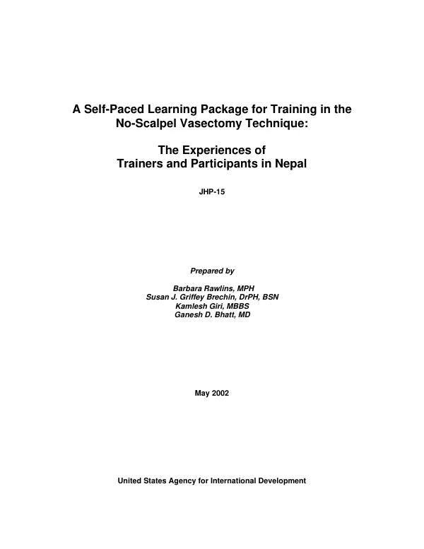 Self-paced learning package for training in the no-scalpel vasectomy technique : the experiences of trainers and participants in Nepal