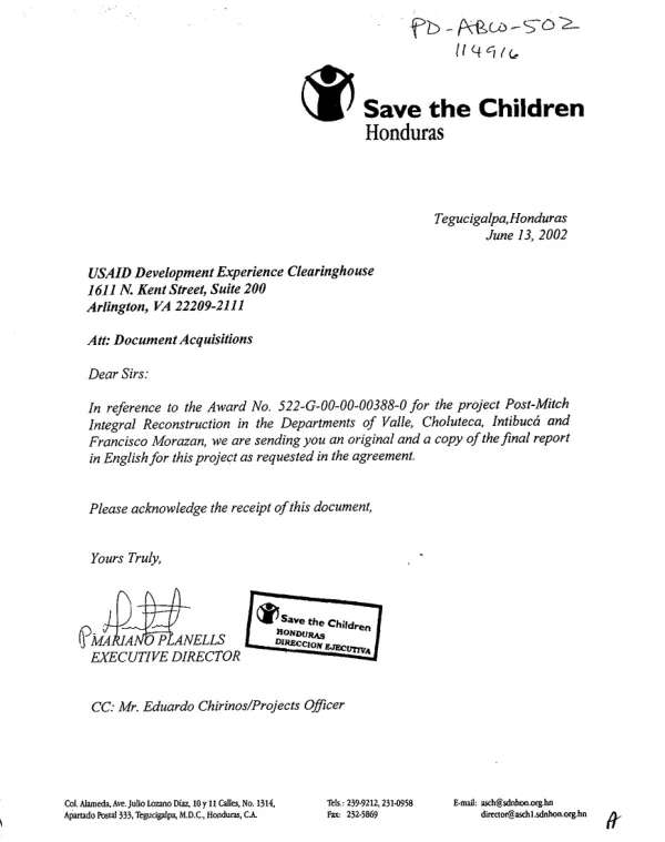 Save the Children de Honduras : final report -- post-Mitch integral reconstruction project