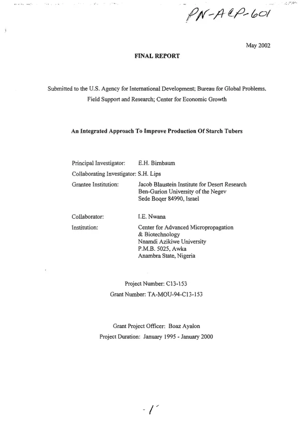 Final report : an integrated approach to improve production of starch tubers