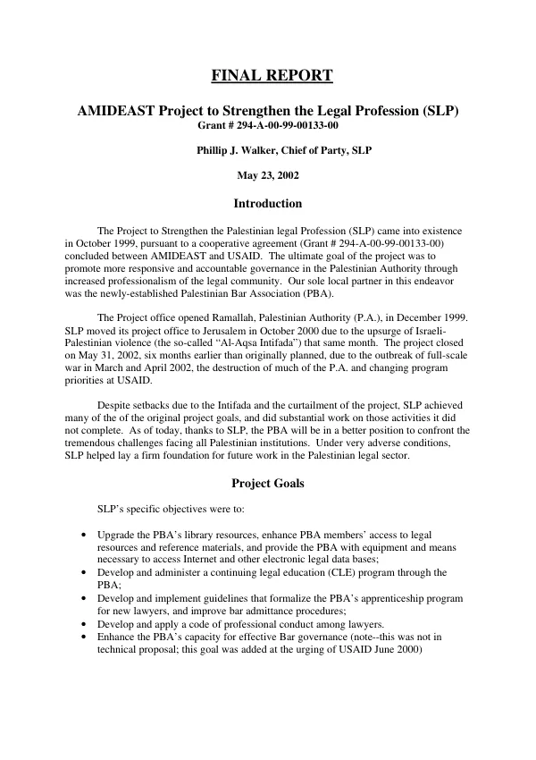 Final report : AMIDEAST project to strengthen the legal profession (SLP) : grant # 294-A-00-99-00133-00