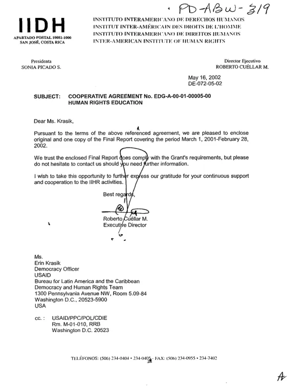 Inter-American Institute of Human Rights : United States Agency for International Development cooperative agreement no. EDG-A-00-0A-00005-00 [i.e. EDG-A-00-01-00005-00] -- final report, March 1, 2001-February 28, 2002