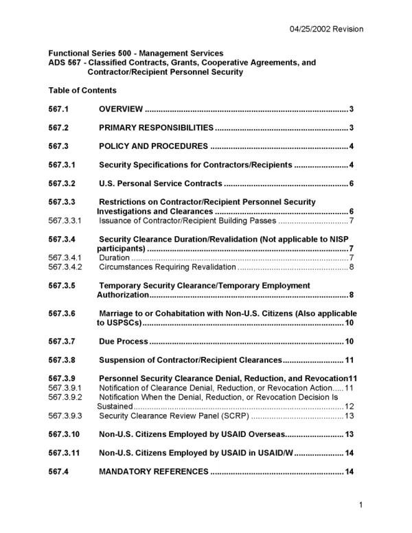 ADS chapter 567 : classified contracts, grants, cooperative agreements, and contractor/recipient personnel security