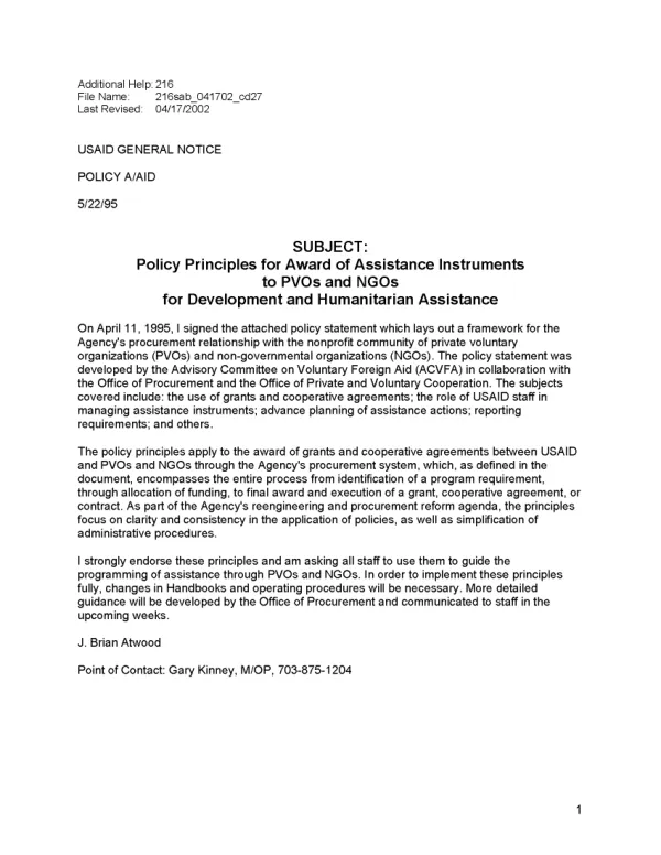 Policy principles for award of assistance instruments to PVOs and NGOs for development and humanitarian assistance