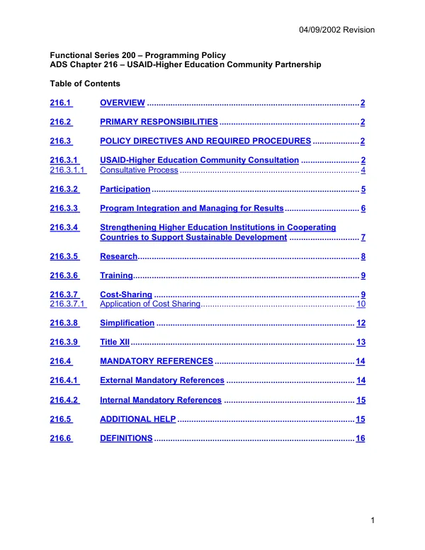 ADS chapter 216 : USAID-higher education community partnership
