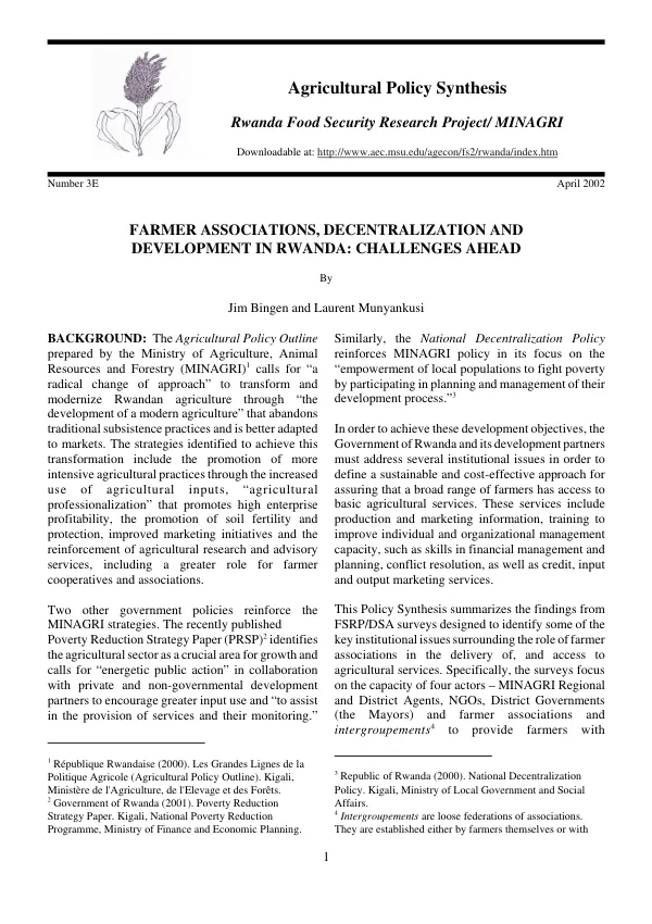 Farmer associations, decentralization and development in Rwanda : challenges ahead
