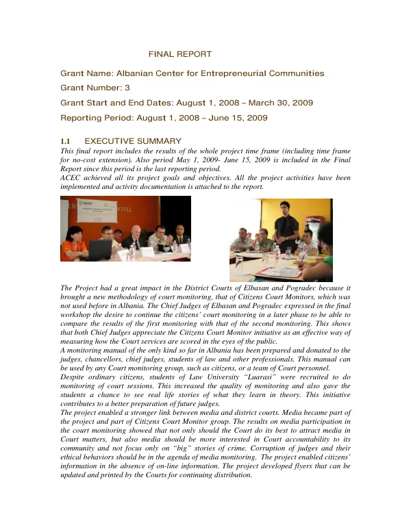 Final report : Albanian Center for Entrepreneurial Communities -- August 1, 2008-June 15, 2009