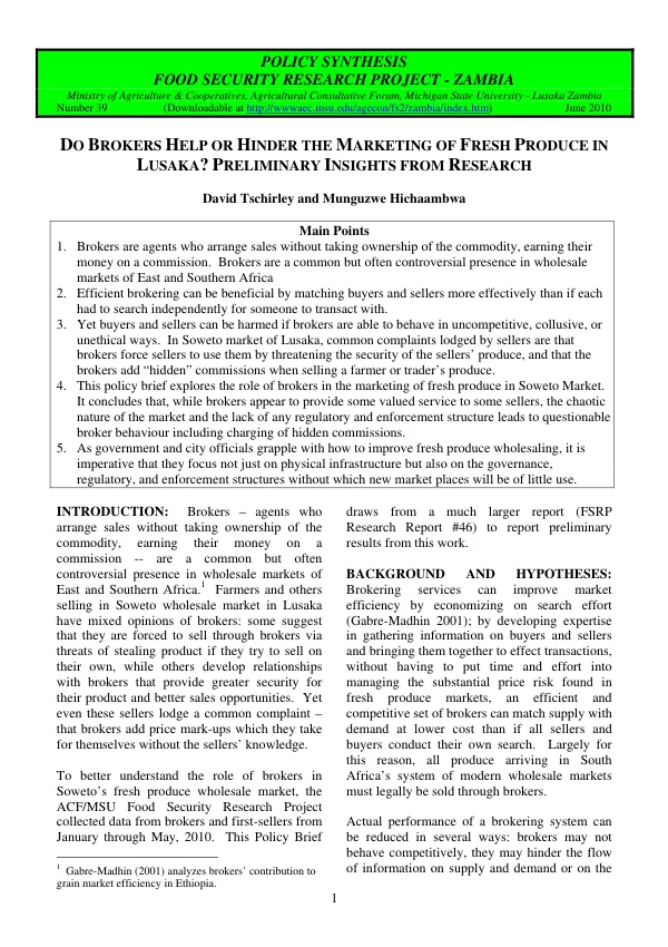 Do brokers help or hinder the marketing of fresh produce in Lusaka? : preliminary insights from research