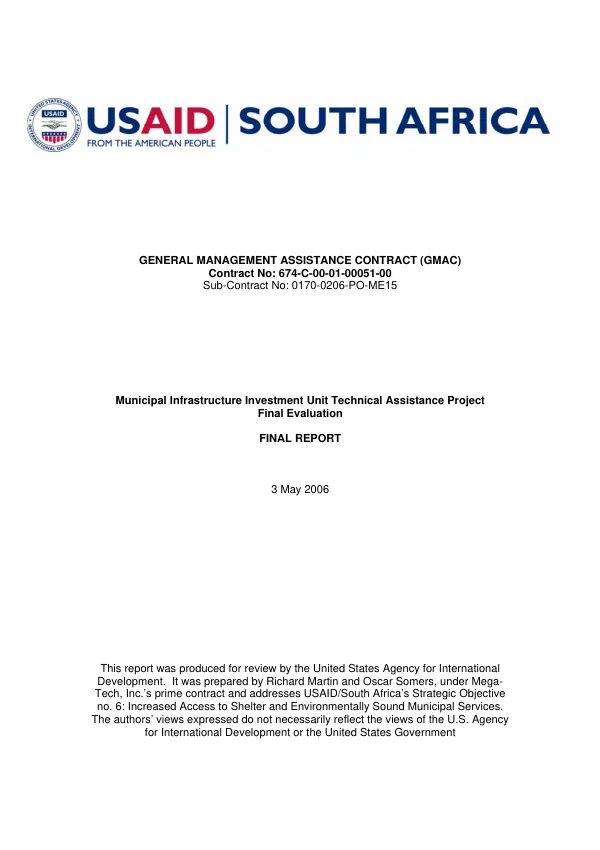 Municipal Infrastructure Investment Unit [MIIU] technical assistance project final evaluation: final report