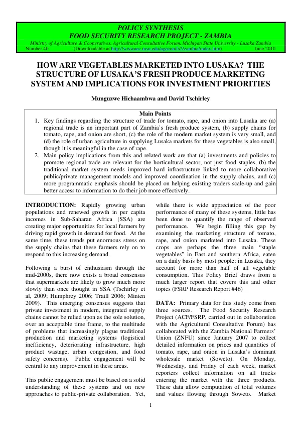 How are vegetables marketed into Lusaka? the structure of Lusaka"s fresh produce marketing system and implications for investment priorities