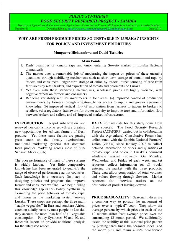 Why are fresh produce prices so unstable in Lusaka? : insights for policy and investment priorities