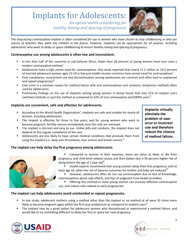 Implants for adolescents : an option worth considering for healthy timing and spacing of pregnancy