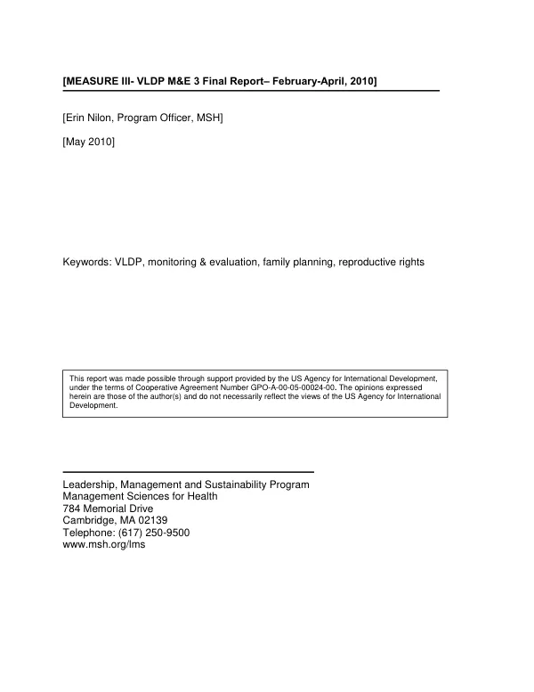 Final report : VLDP for Monitoring and Evaluation Teams of family planning and reproductive health programs in Anglophone countries, February 1-April 30, 2010