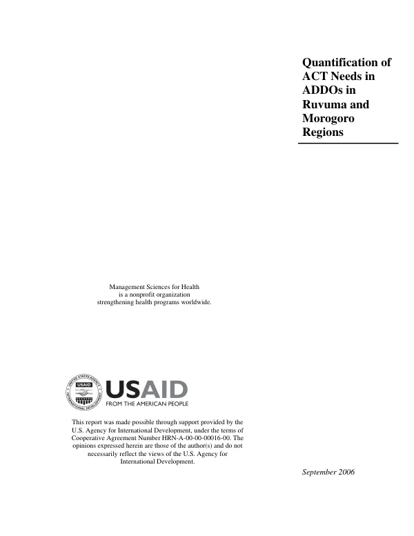Quantification of ACT needs in ADDOs in Ruvuma and Morogoro regions