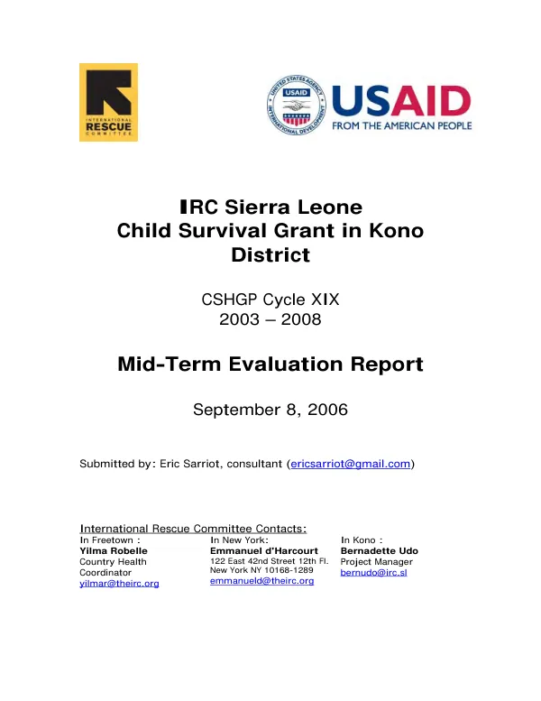 IRC Sierra Leone child survival grant in Kono District : mid-term evaluation report