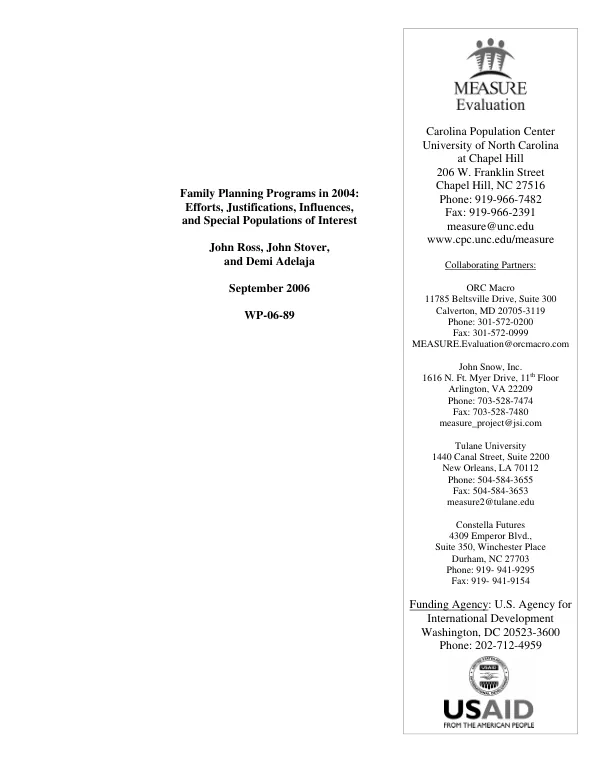 Family planning programs in 2004 : efforts, justifications, influences, and special populations of interest