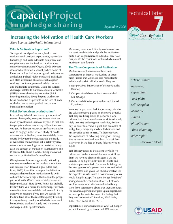 Increasing the motivation of health care workers