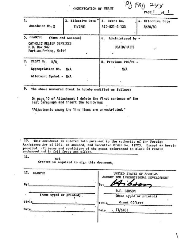AID grant no. AID-521-G-133 amendment no. 2 to Catholic Relief Services to help finance the second phase of the Gros Morne rural development project