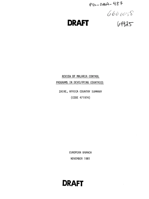 Review of malaria control programs in developing countries : Zaire, Africa country summary
