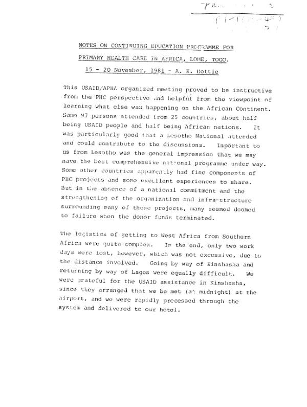 Notes on continuing education programme for primary health care in Africa, Lome, Togo, 15-20 November, 1981