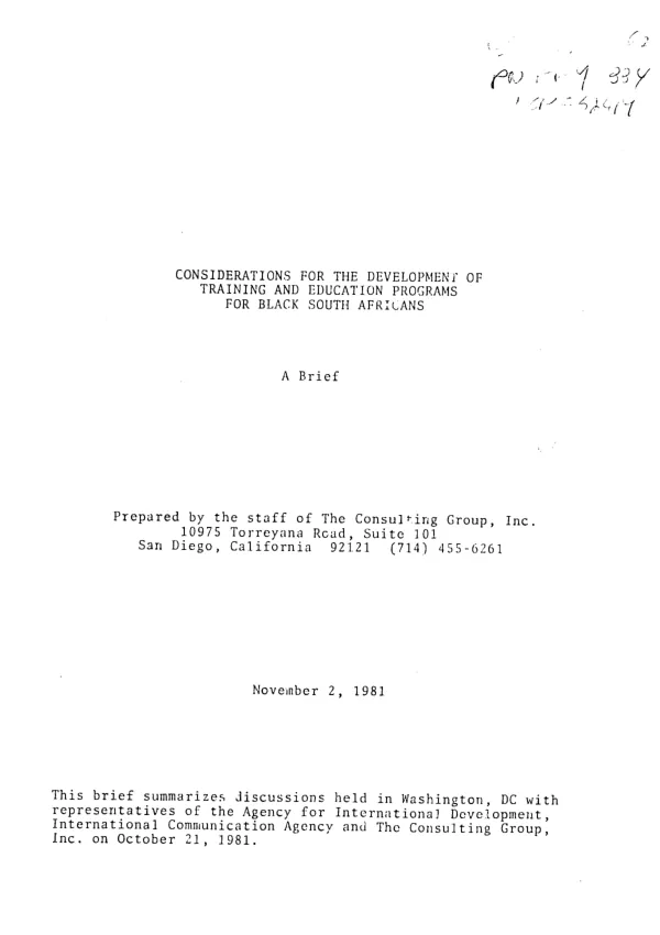 Considerations for the development of training and education programs for black South Africans : a brief