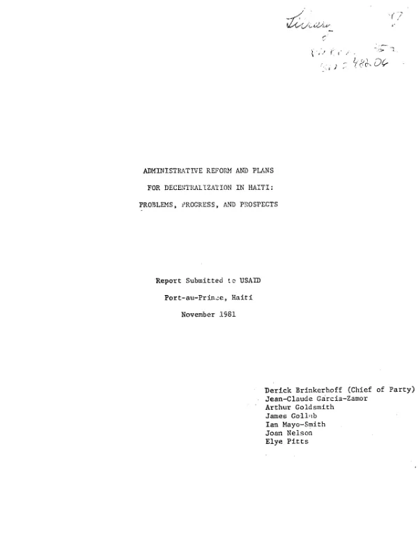 Administrative reform and plans for decentralization in Haiti : problems, progress, and prospects