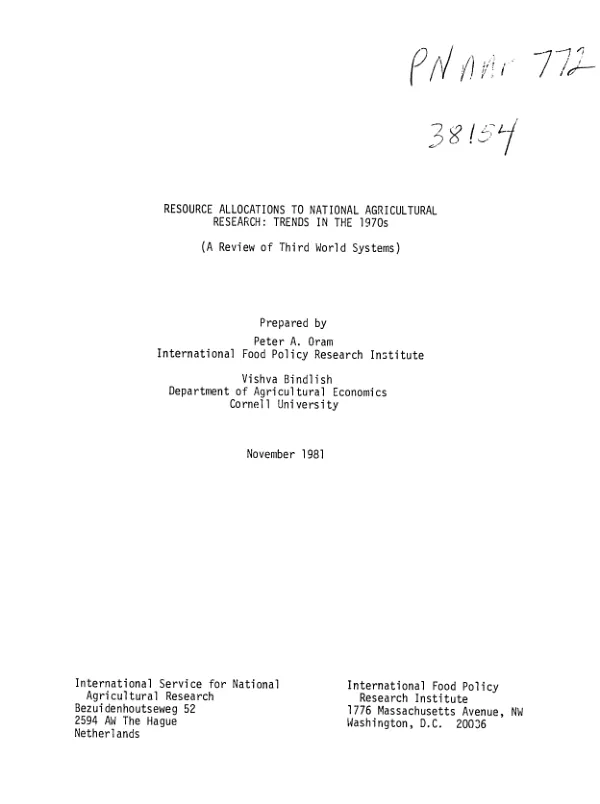 Resource allocations to national agricultural research : trends in the 1970s (a review of the Third World systems)