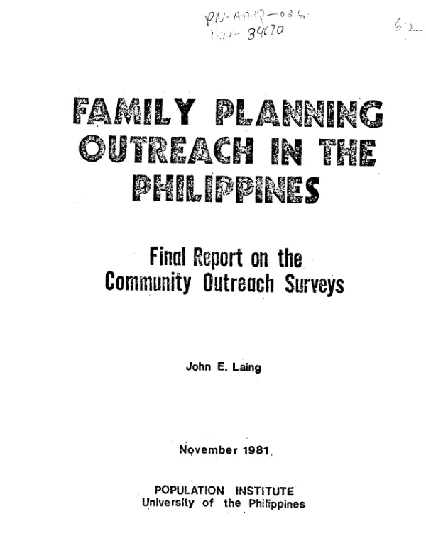Family planning outreach in the Philippines : final report on the community outreach surveys