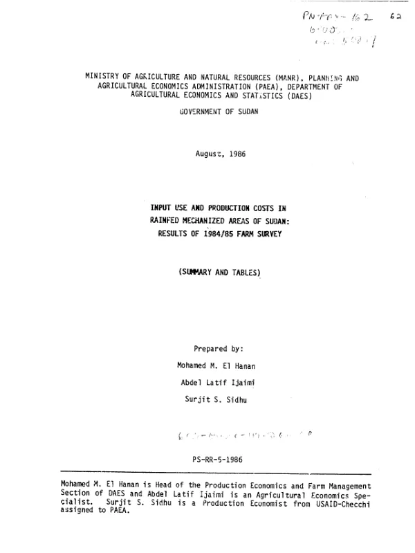 Input use and production costs in rainfed mechanized areas of Sudan : results of 1984/85 farm survey (summary and tables)