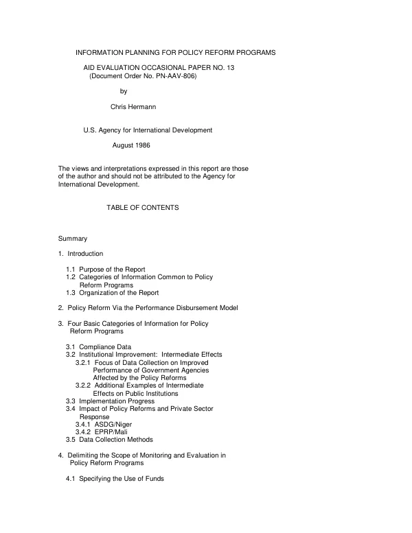 Information planning for policy reform programs